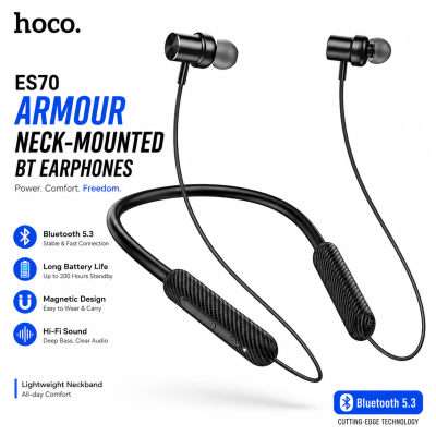 Hoco ES70 Armour Neck-Mounted Bluetooth Earphone – Bluetooth 5.3 Wireless Headset with 80-Hour Battery, 500mAh Capacity, 10mm Drivers, Magnetic Earbuds & Bilingual Voice Prompt